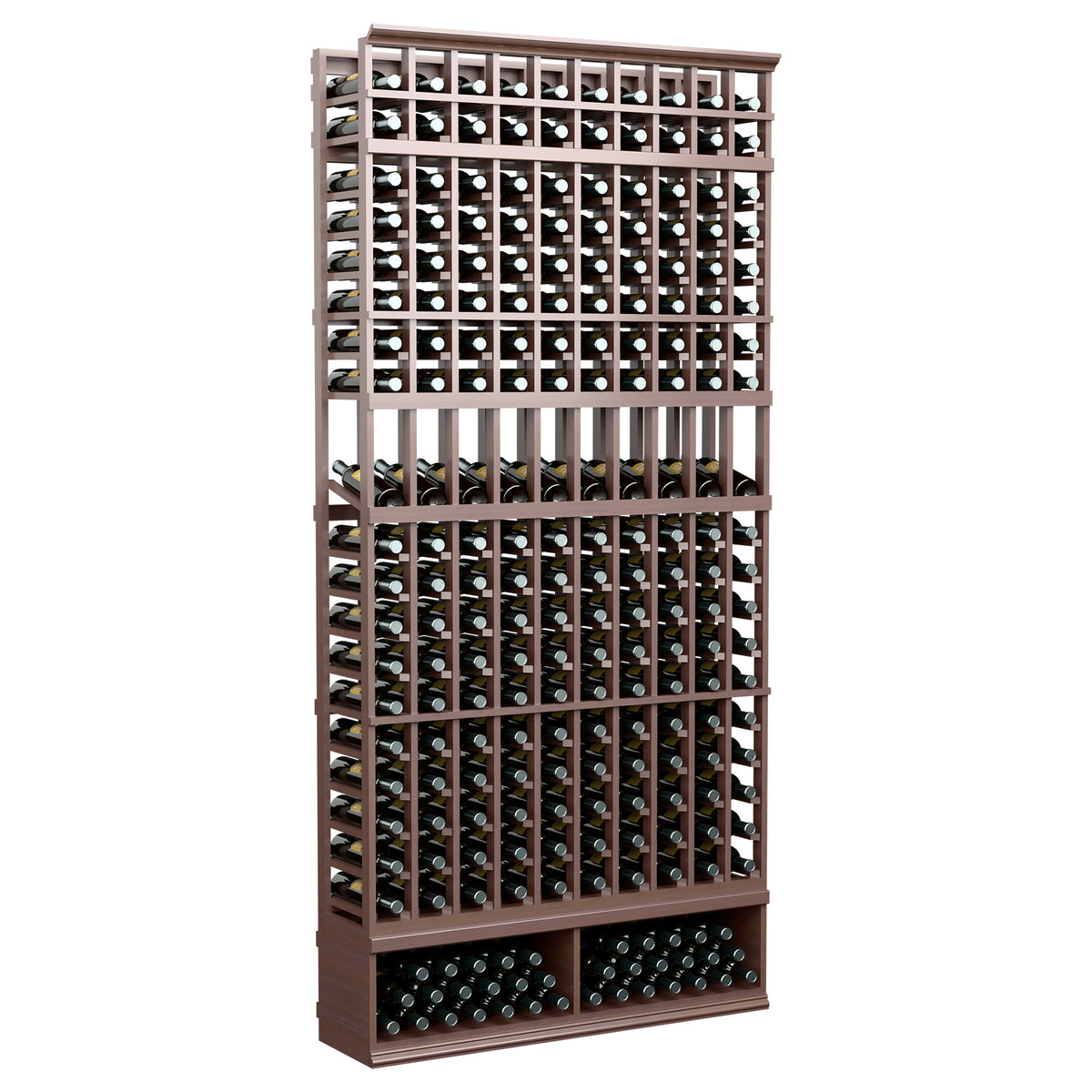 10-column wine bottle display rack, dark brown wood frame with bottle rows