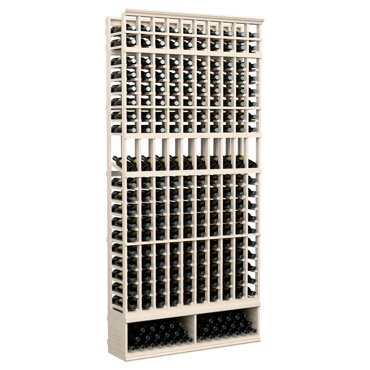 10-column wine bottle display rack, pale light gray wood frame with bottle rows
