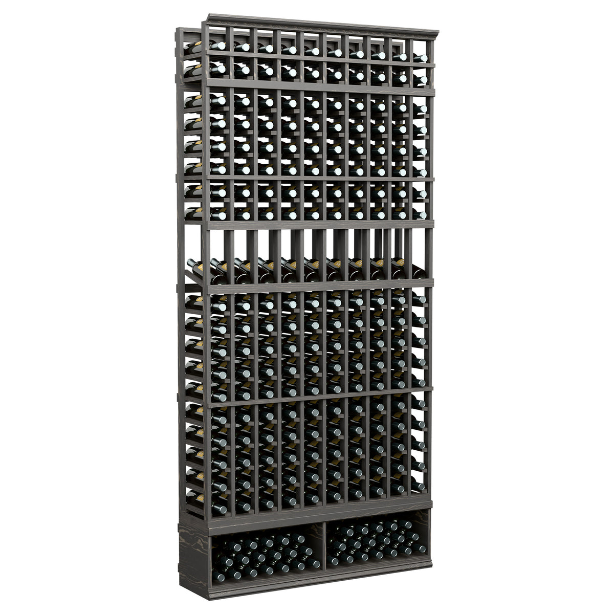 10-column bottle display rack with black frame and neatly arranged bottle rows