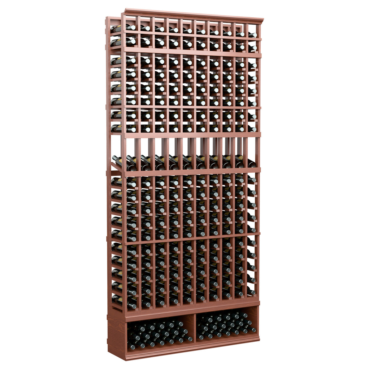 10-column bottle display rack in reddish-brown wood with bottle slot shelves