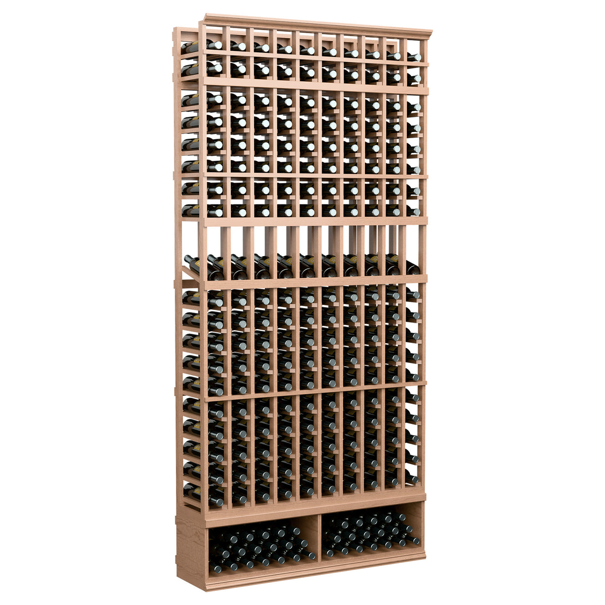 10-column bottle display rack in light wood with front rows of bottles