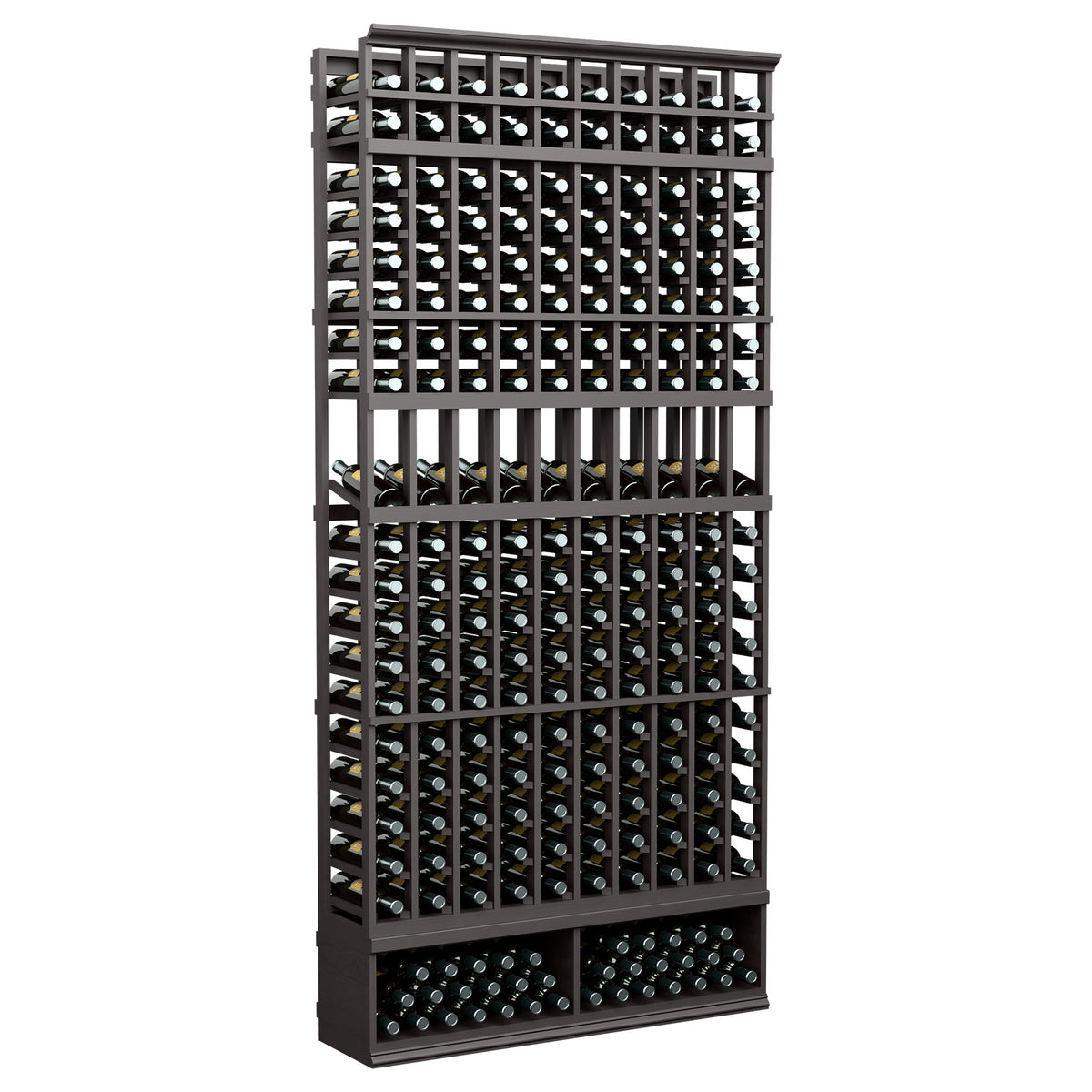 10-column bottle display rack with black metal frame and bottle storage grid