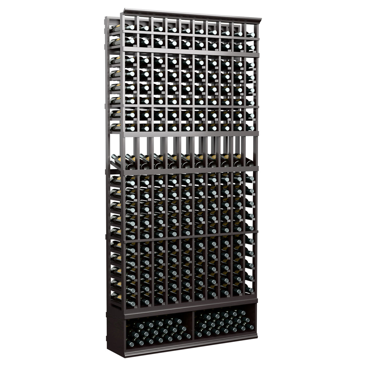 10-column bottle display rack with dark frame and front bottle slots