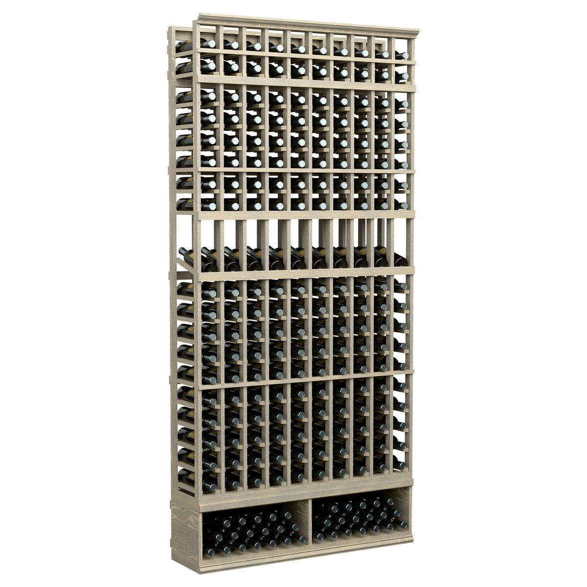 White-washed 10-column wine bottle display rack with front bottle cubbies
