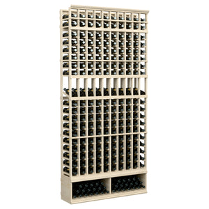 White-washed 10-column wine bottle display rack with multiple bottle rows