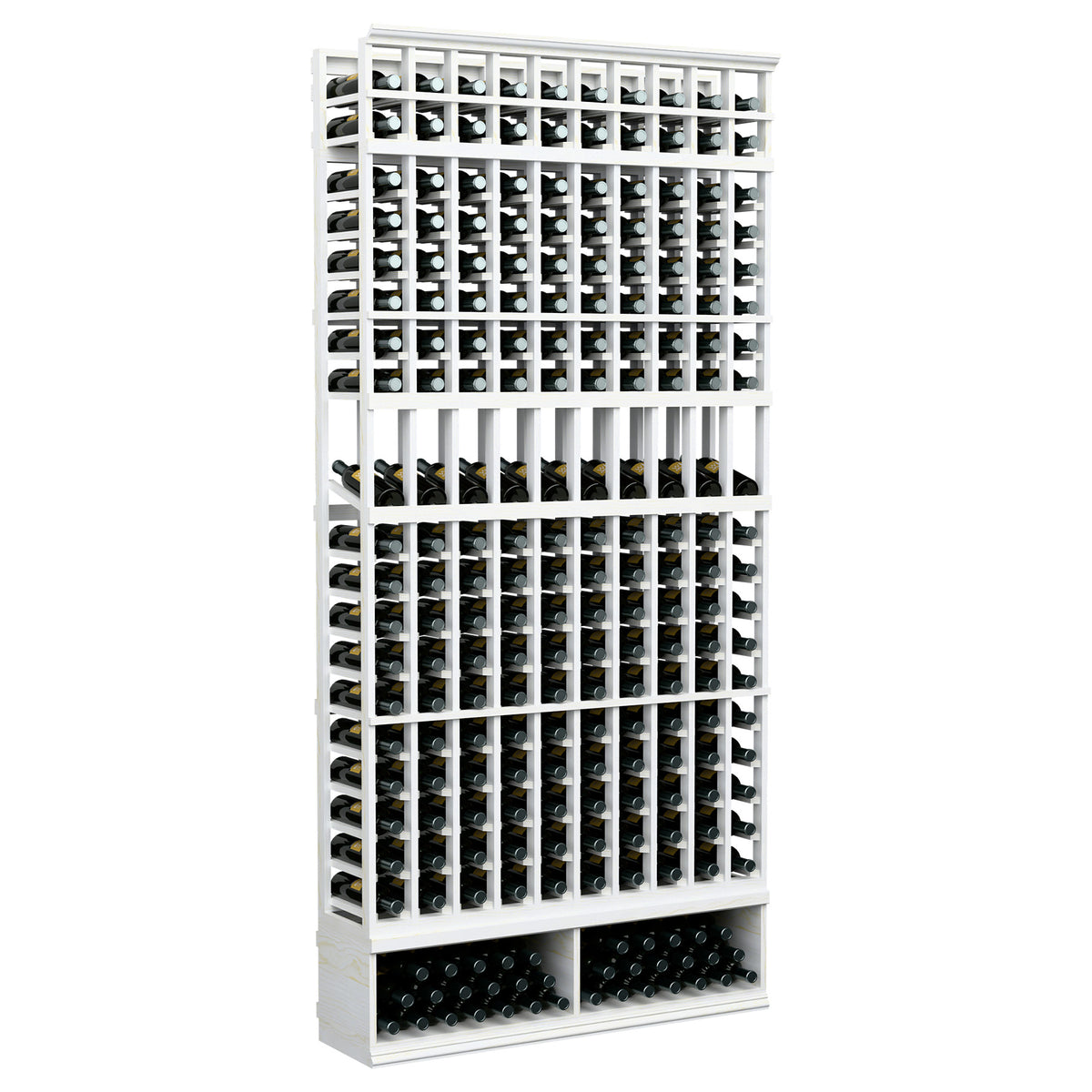 White 10-column wine bottle display rack with open front bottle slots