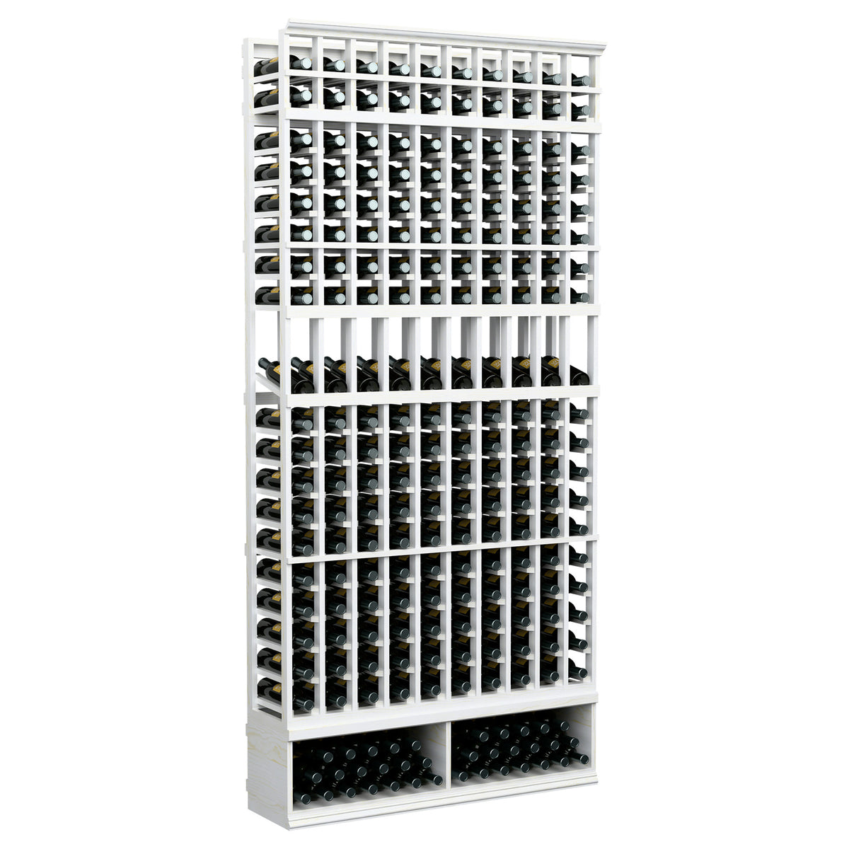 White 10-column wine bottle display rack with multiple bottle rows