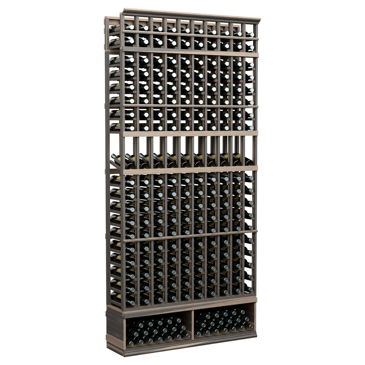 10-column wine bottle display rack with dark frame and metal grid shelves