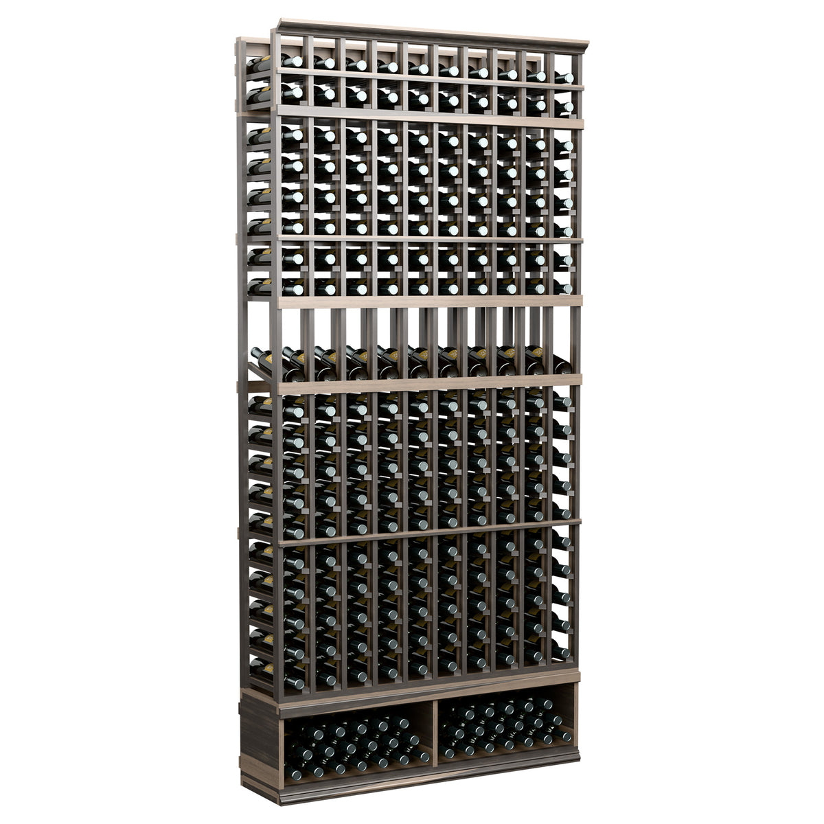 10-column wine bottle display rack with dark frame and rows for bottle storage
