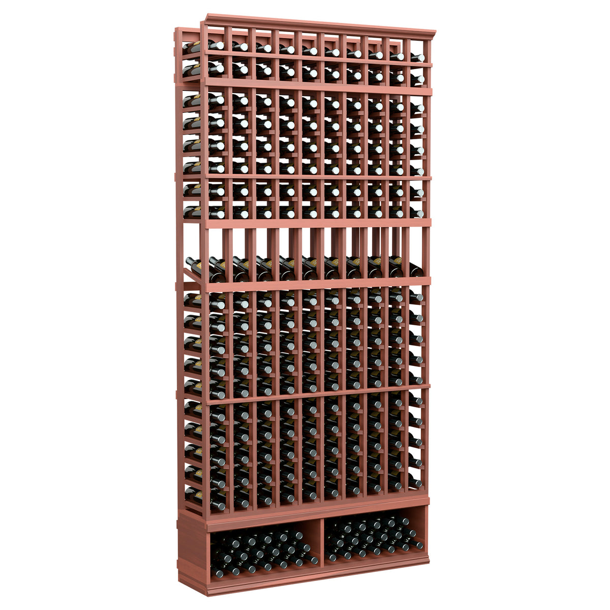 10-column wine bottle display rack with red-brown frame and metal grid shelves