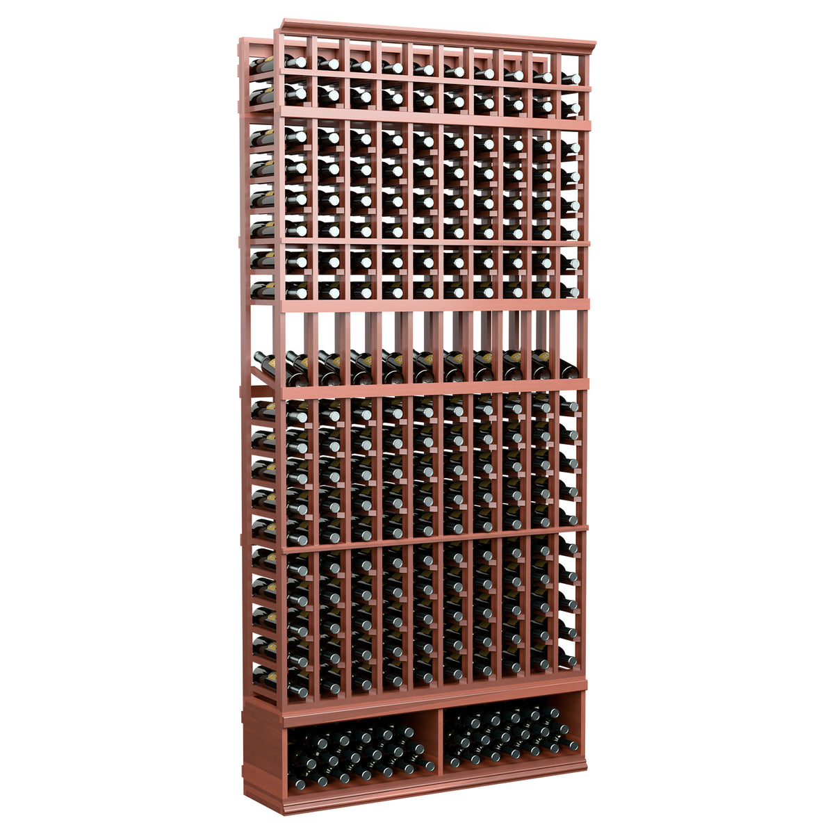 10-column wine bottle display rack with red-brown frame and bottom bottle tray