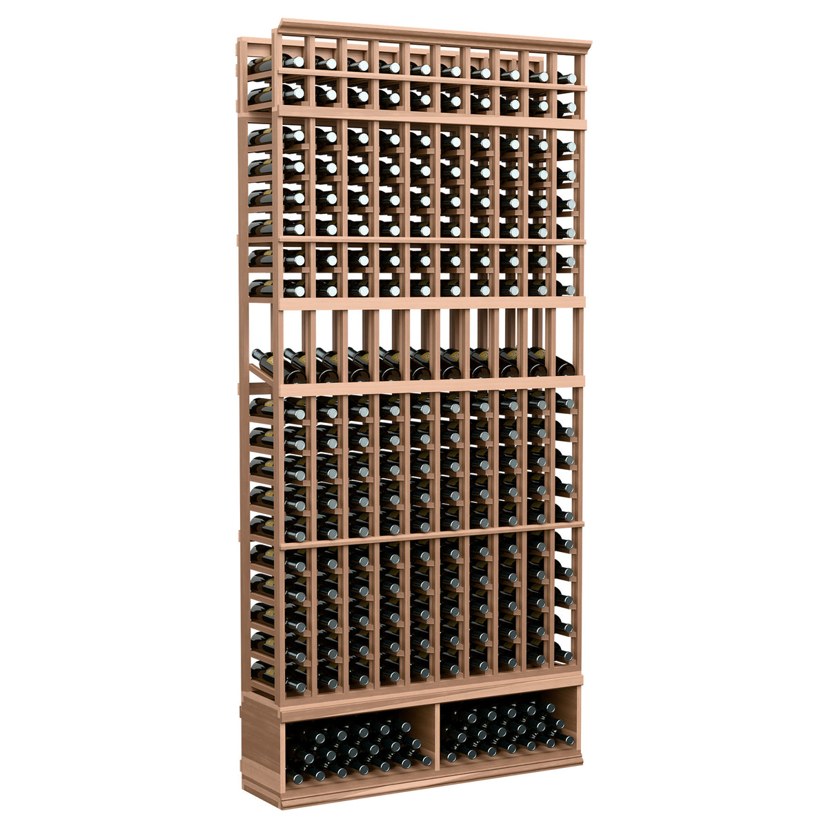 10-column wine bottle display rack with light wood frame and bottle grid shelves
