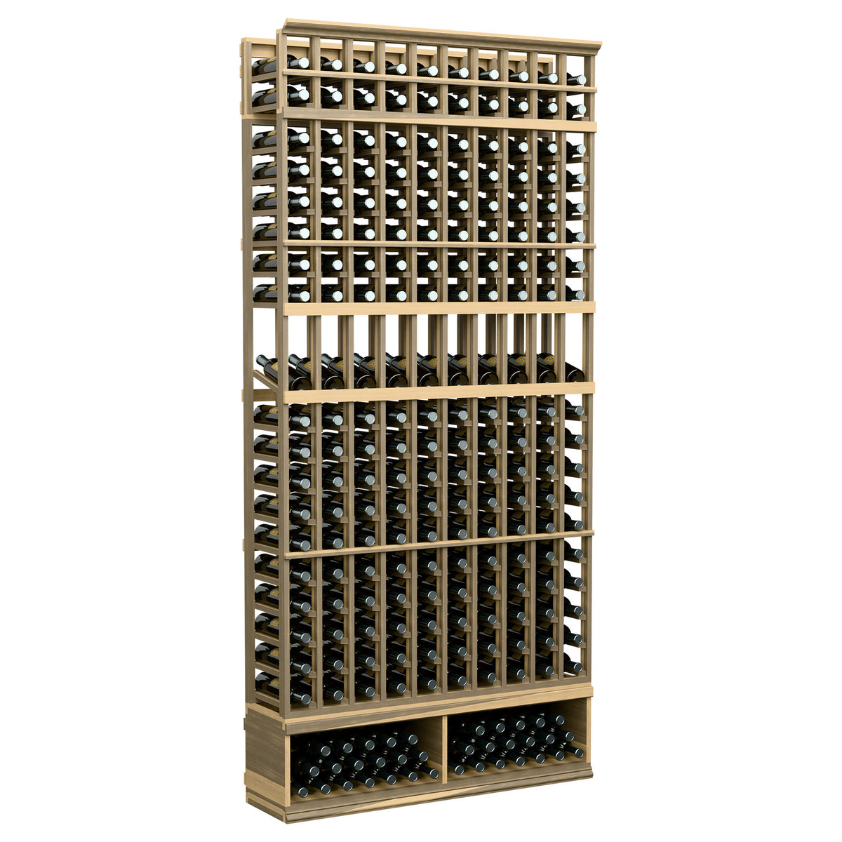 10-column wine bottle display rack with pale wood frame and metal bottle grids