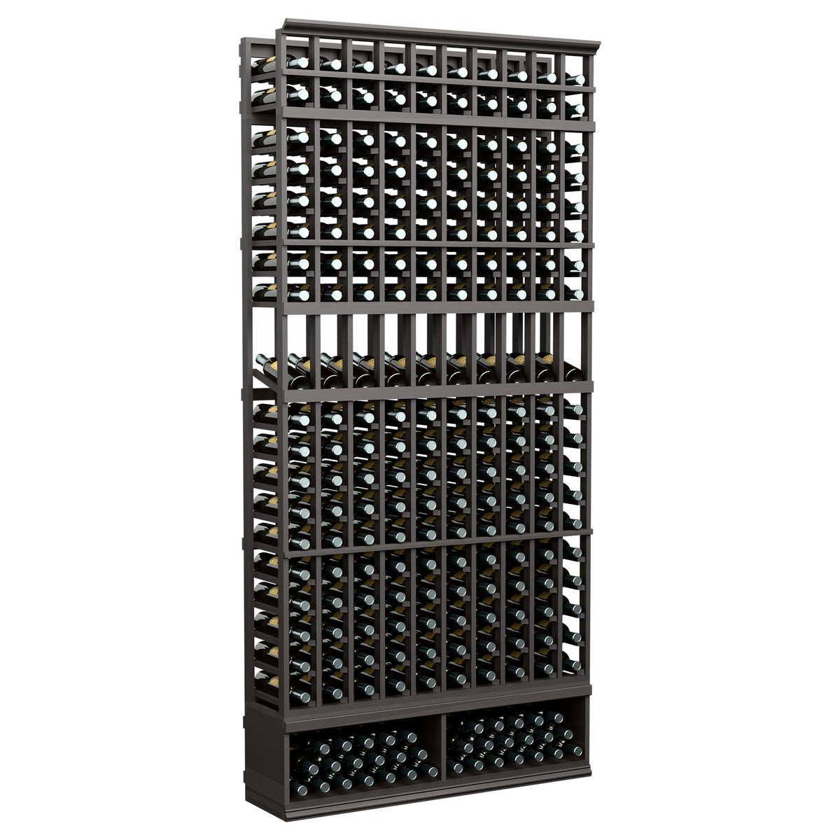 10-column wine bottle display rack with black frame and metal bottle grids
