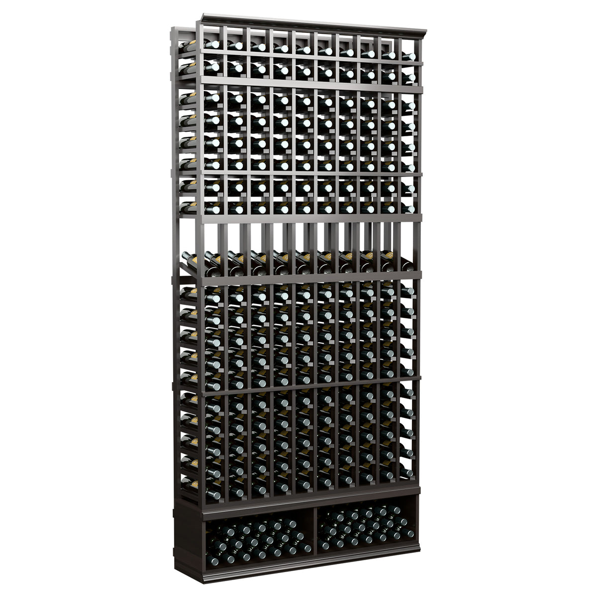 10-column wine bottle display rack with dark gray frame and rows for bottle storage
