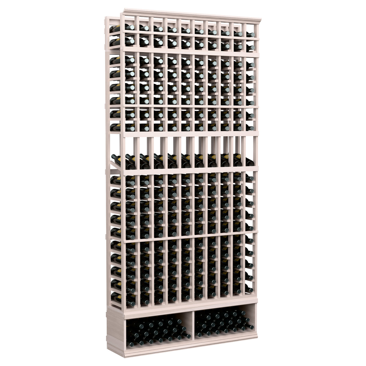 8 ft wine bottle display rack with bottles, grey-stained wood finish, 10 columns