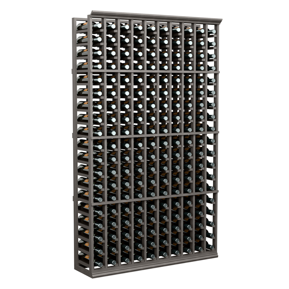 10-column wine bottle rack with black grid holding upright bottles