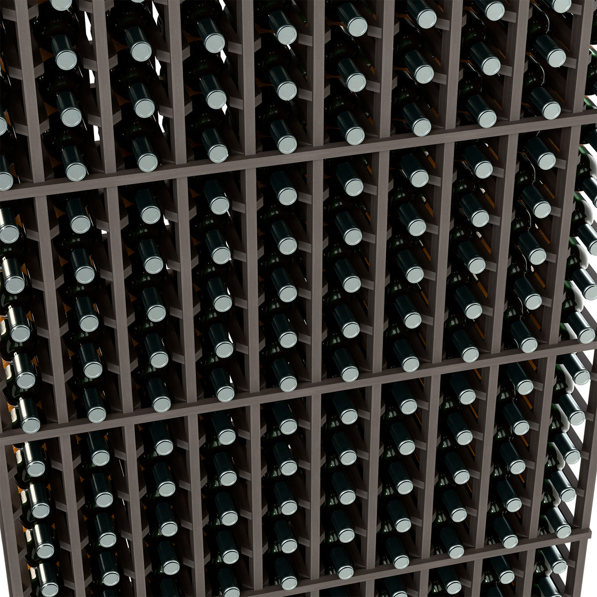 Black wine bottle rack grid with upright bottles in tight rows