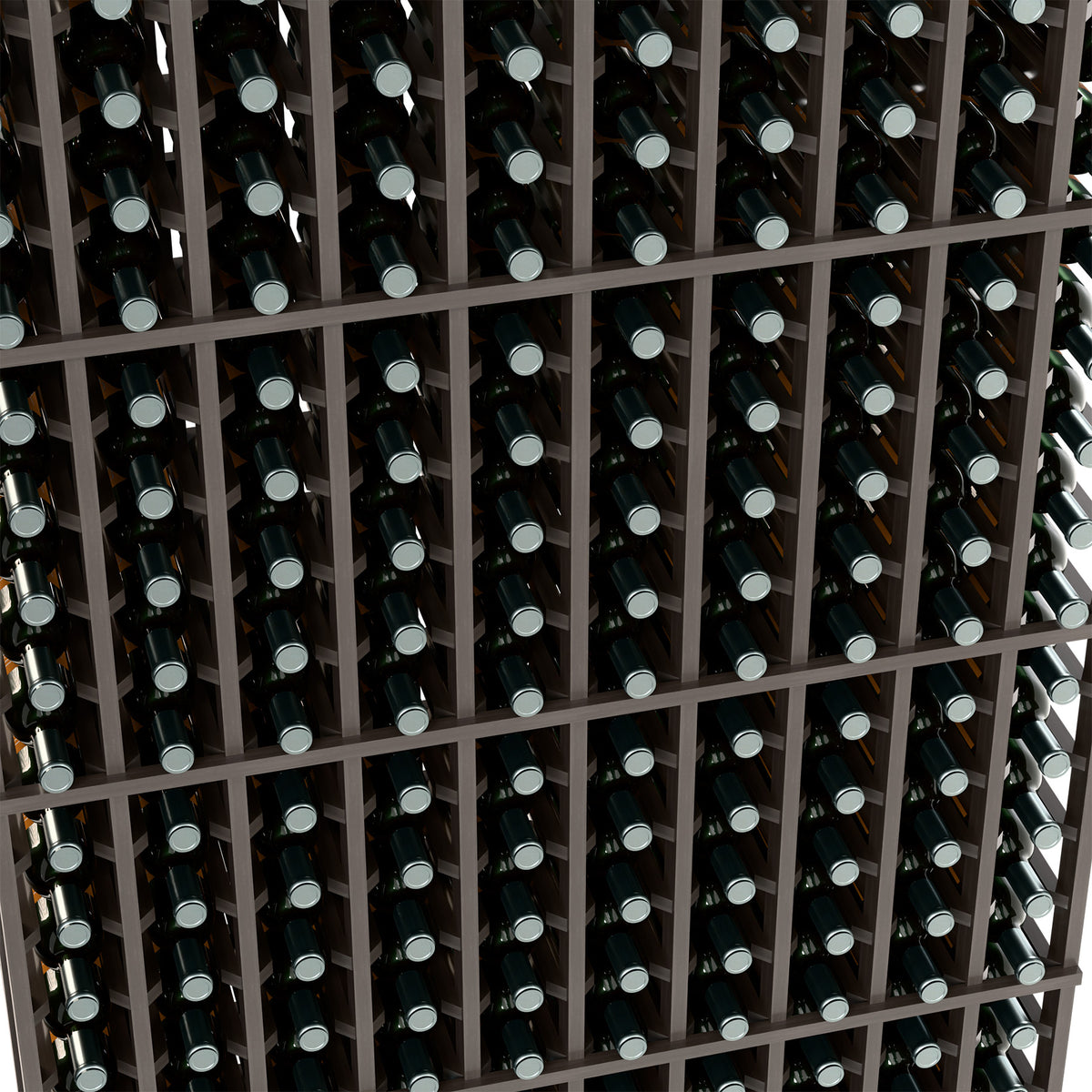 Close-up of black wine bottle rack with bottle openings and bases