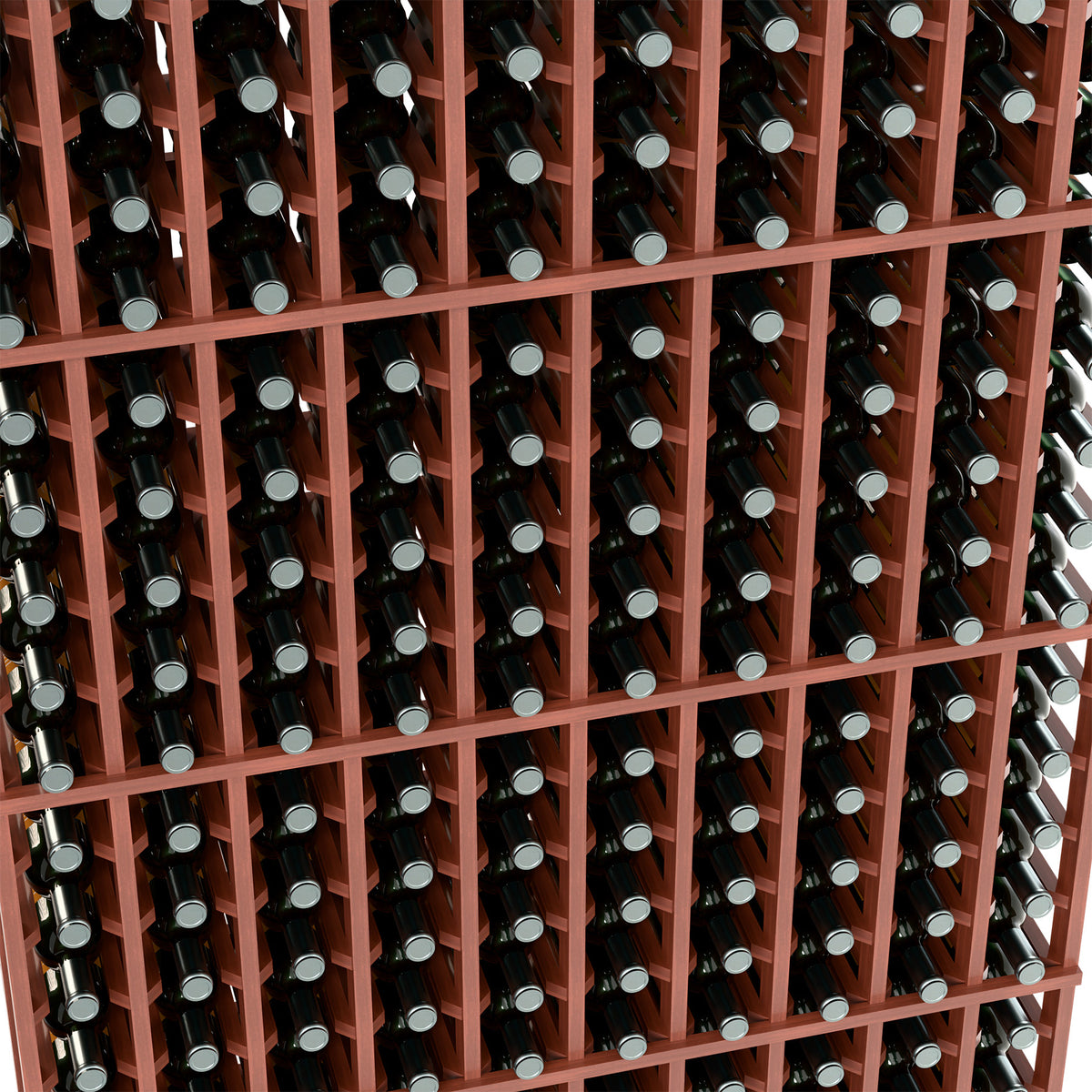 Close-up of reddish-brown wine rack grid with bottle neck openings