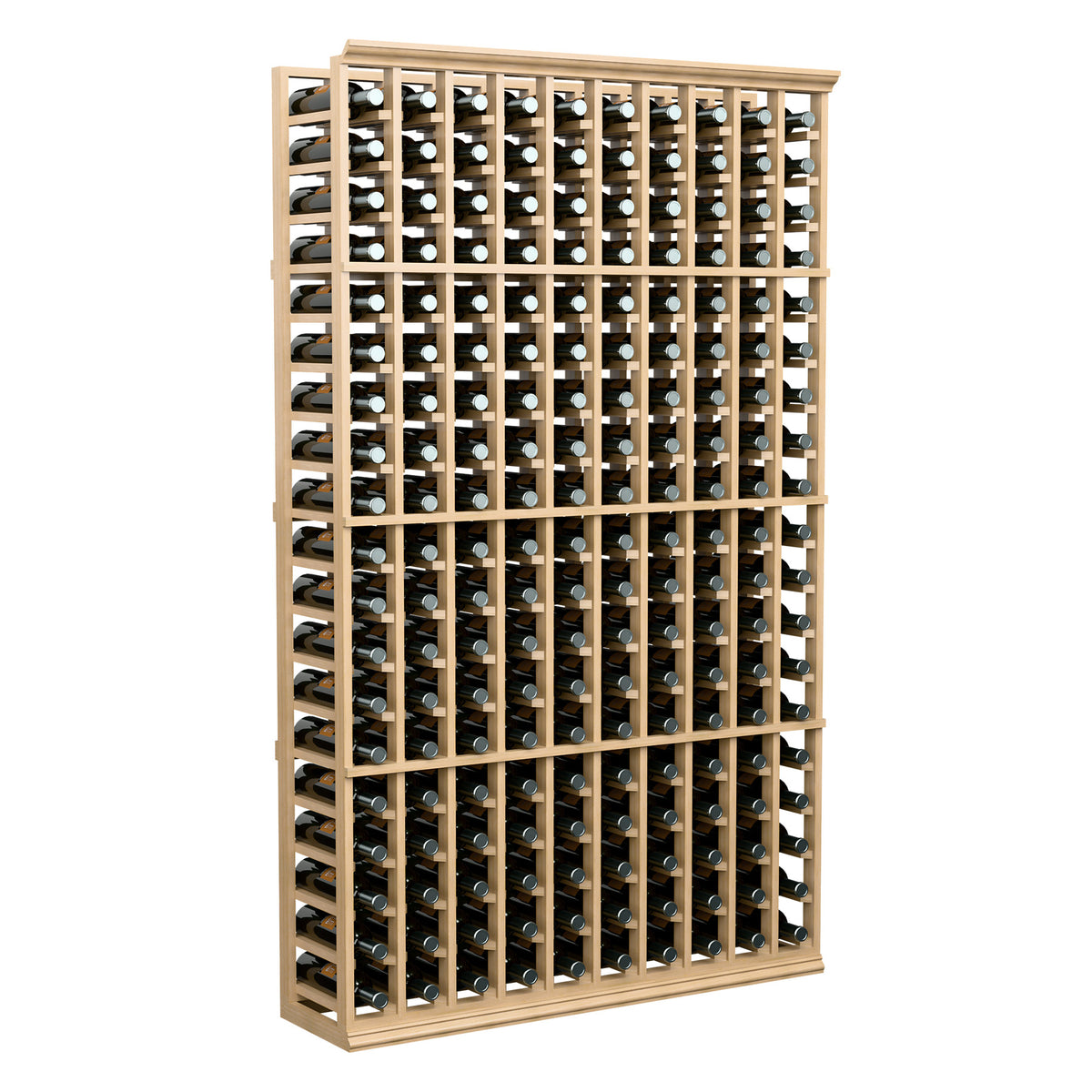 Wine bottle storage rack with 10 rows, light wood frame, open bottle slots