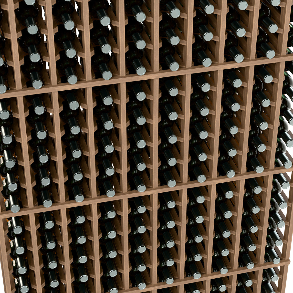 Wine bottle rack interior with light wood dividers and dark bottles in rows