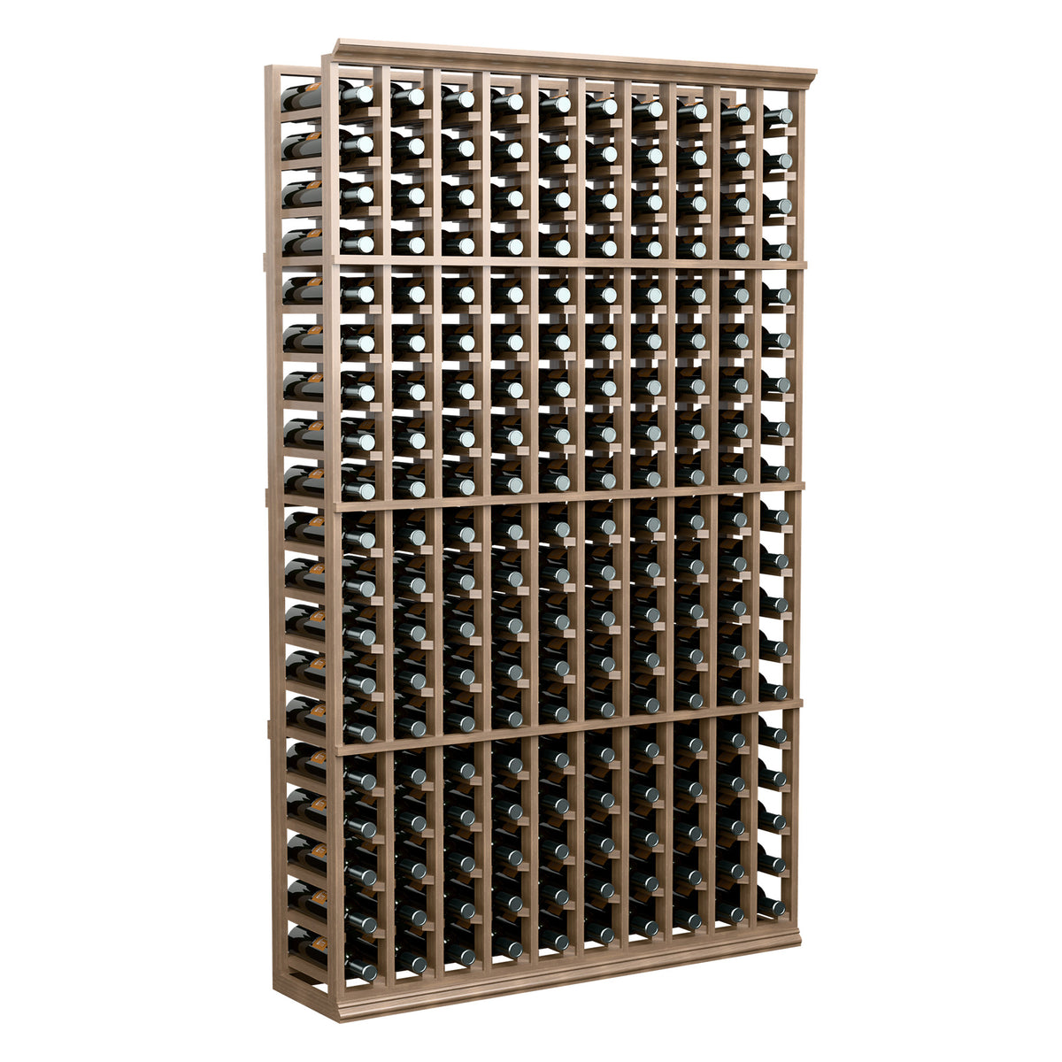 Wine bottle storage rack with 10 rows, medium wood frame, open bottle slots