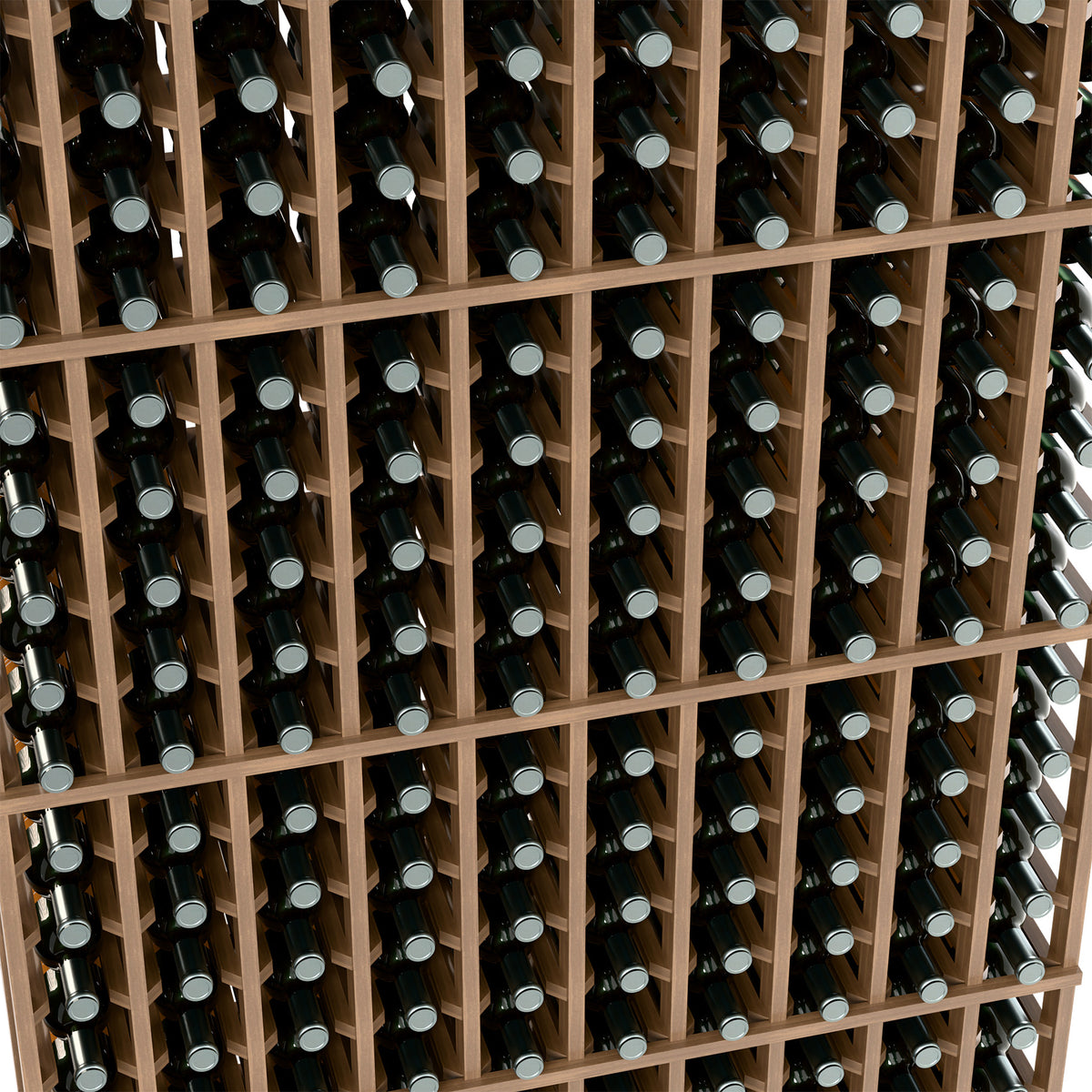 Wine bottle rack interior with medium wood dividers holding dark glass bottles