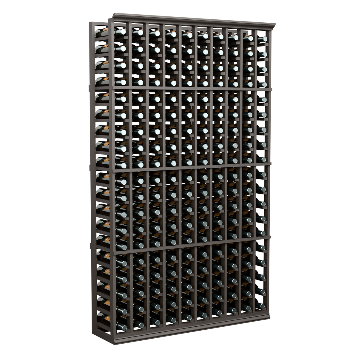 Wine bottle storage rack with 10 rows, dark wood frame, open bottle slots