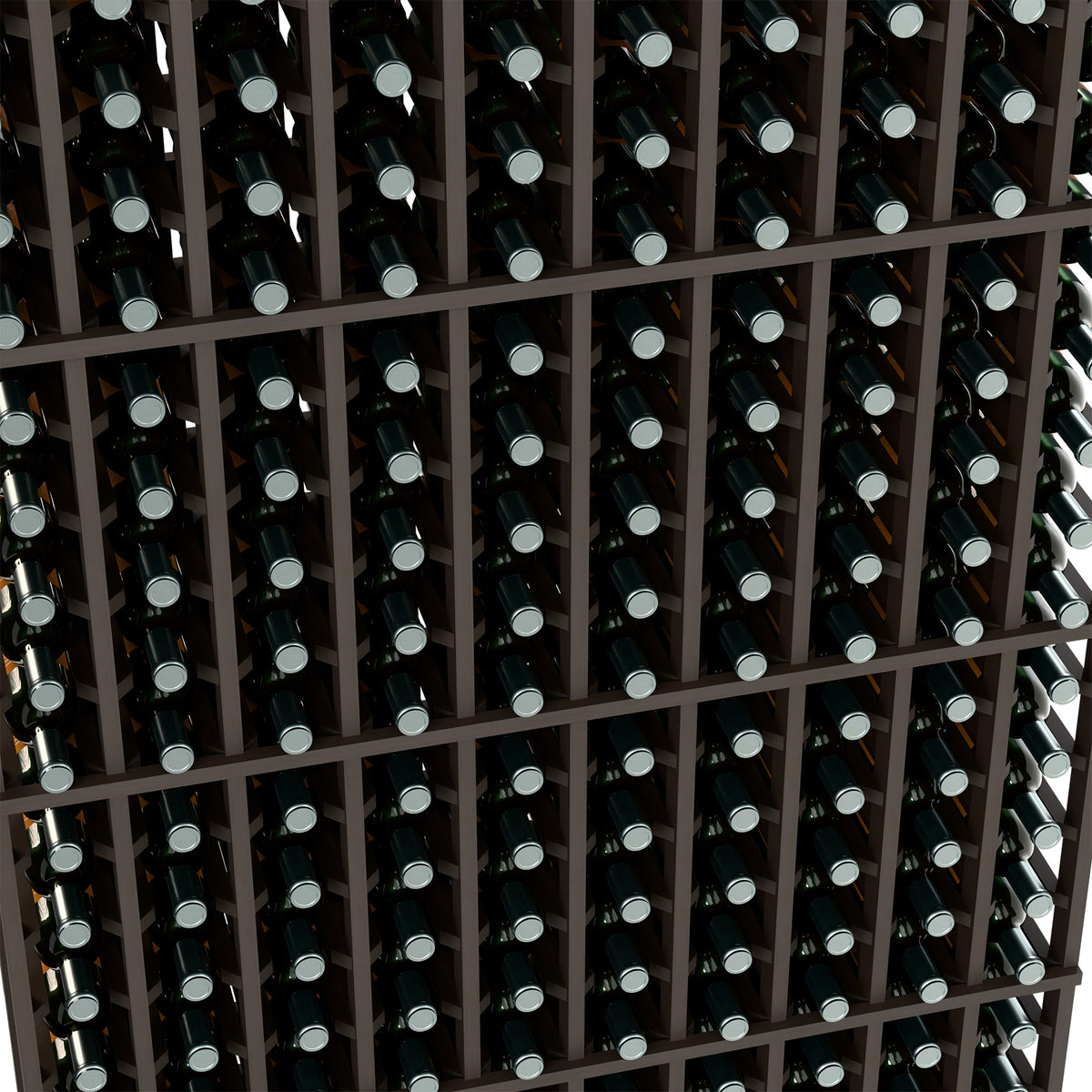 Wine bottle rack interior with dark wood dividers holding dark glass bottles