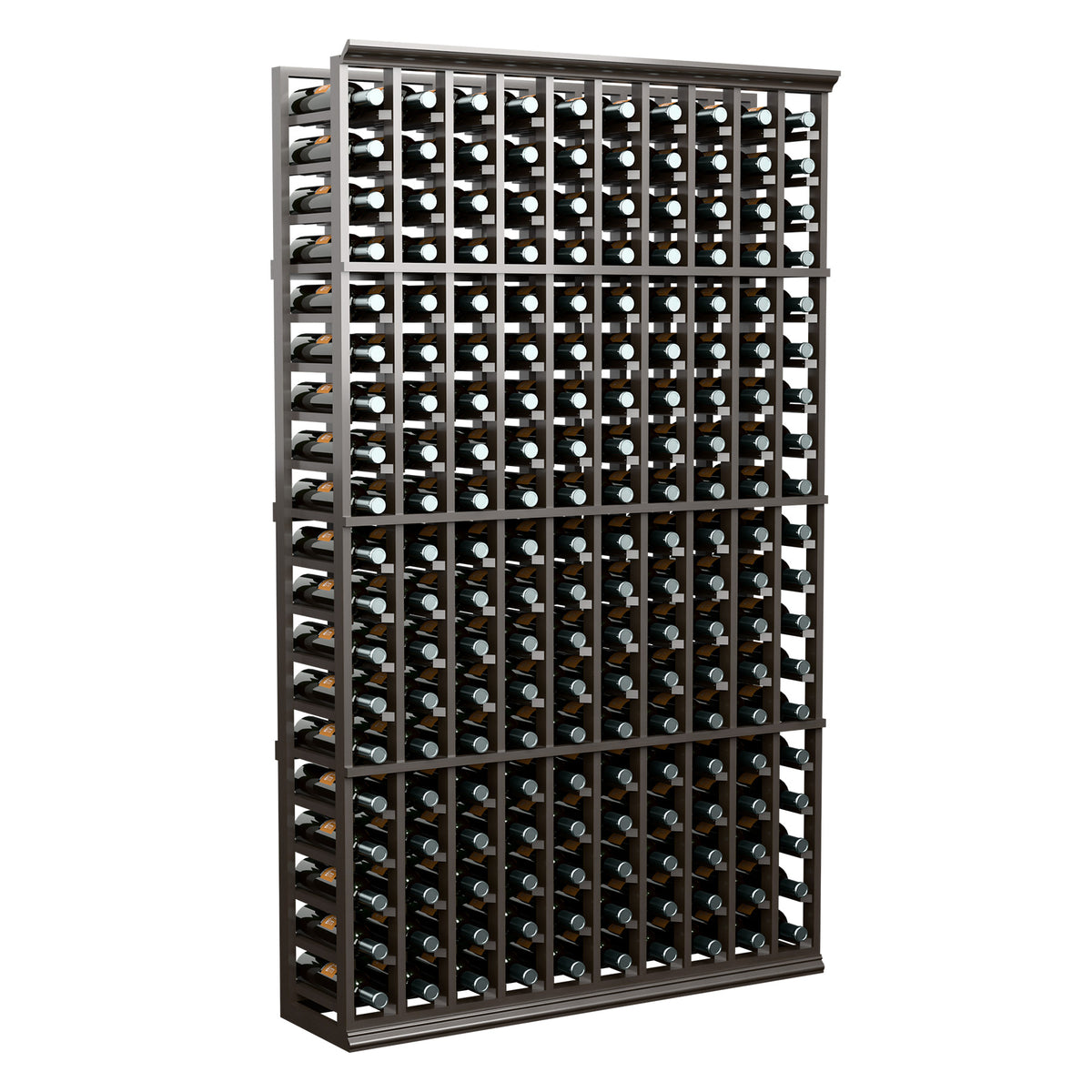 Wine bottle storage rack with 10 rows, dark wood frame, neatly arranged bottle slots