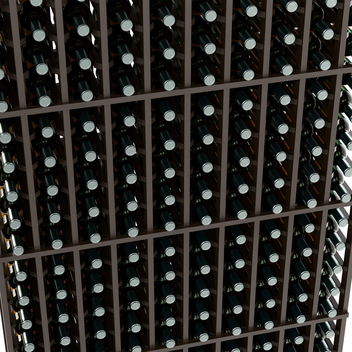 Wine bottle rack interior with dark wood dividers and dark bottles in rows