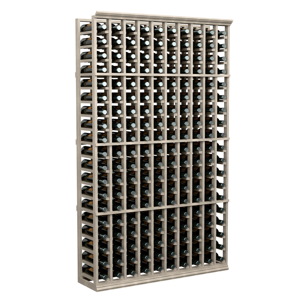 10-column wine bottle rack with black bottles, light wood frame, front view