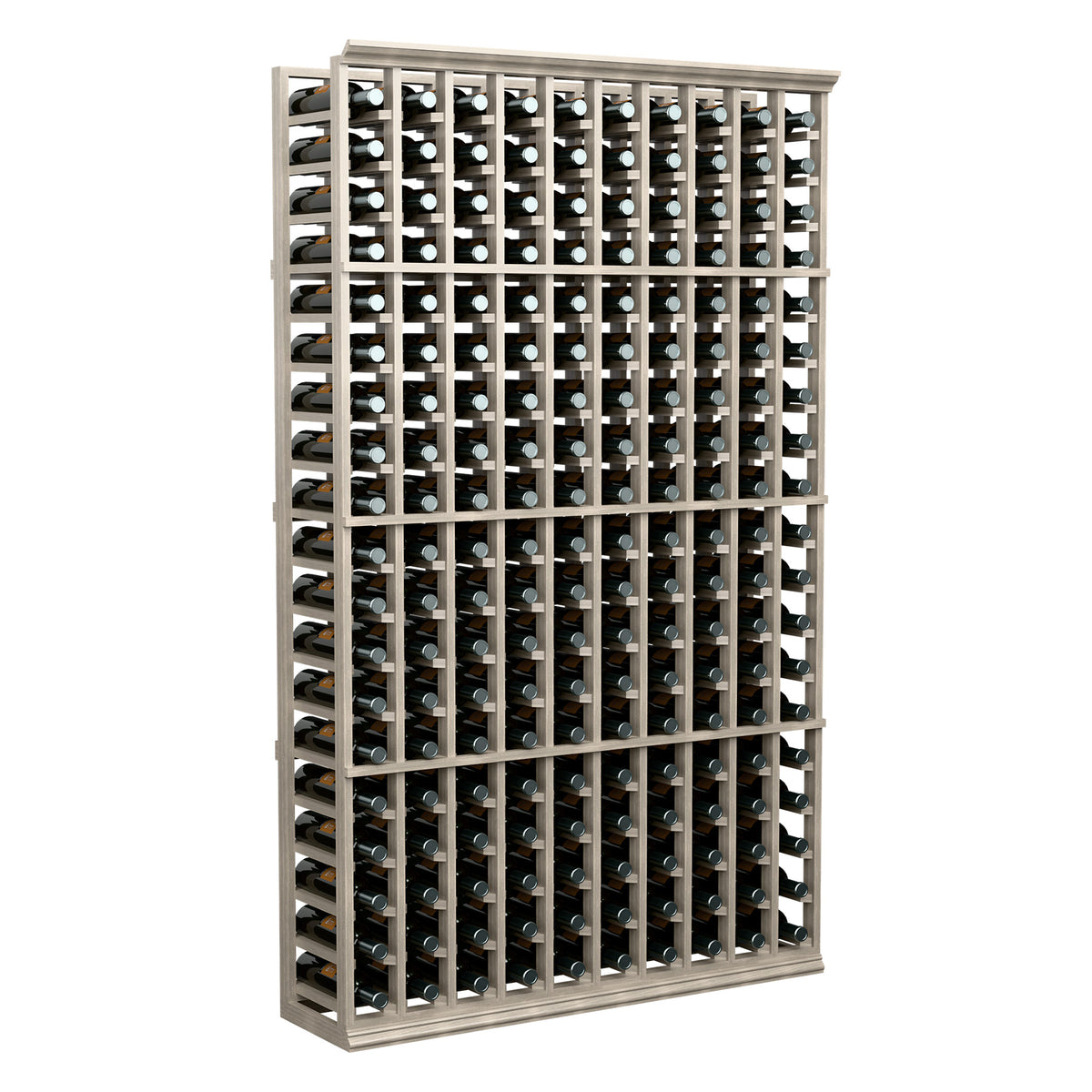 10-column wine bottle rack with black bottles, light wood frame, full cabinet view