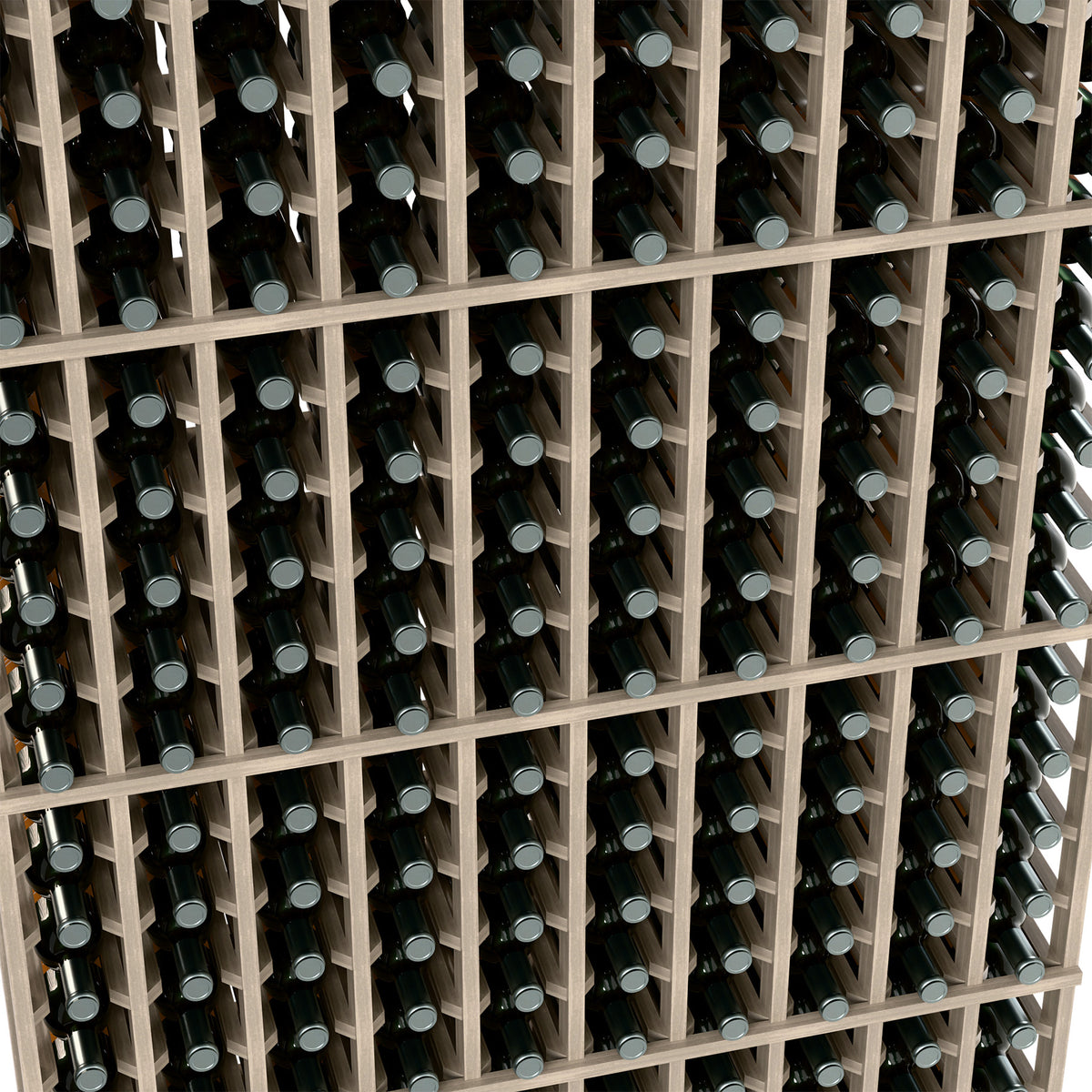 Light wood wine bottle rack close-up, black bottles in square 10-column slots