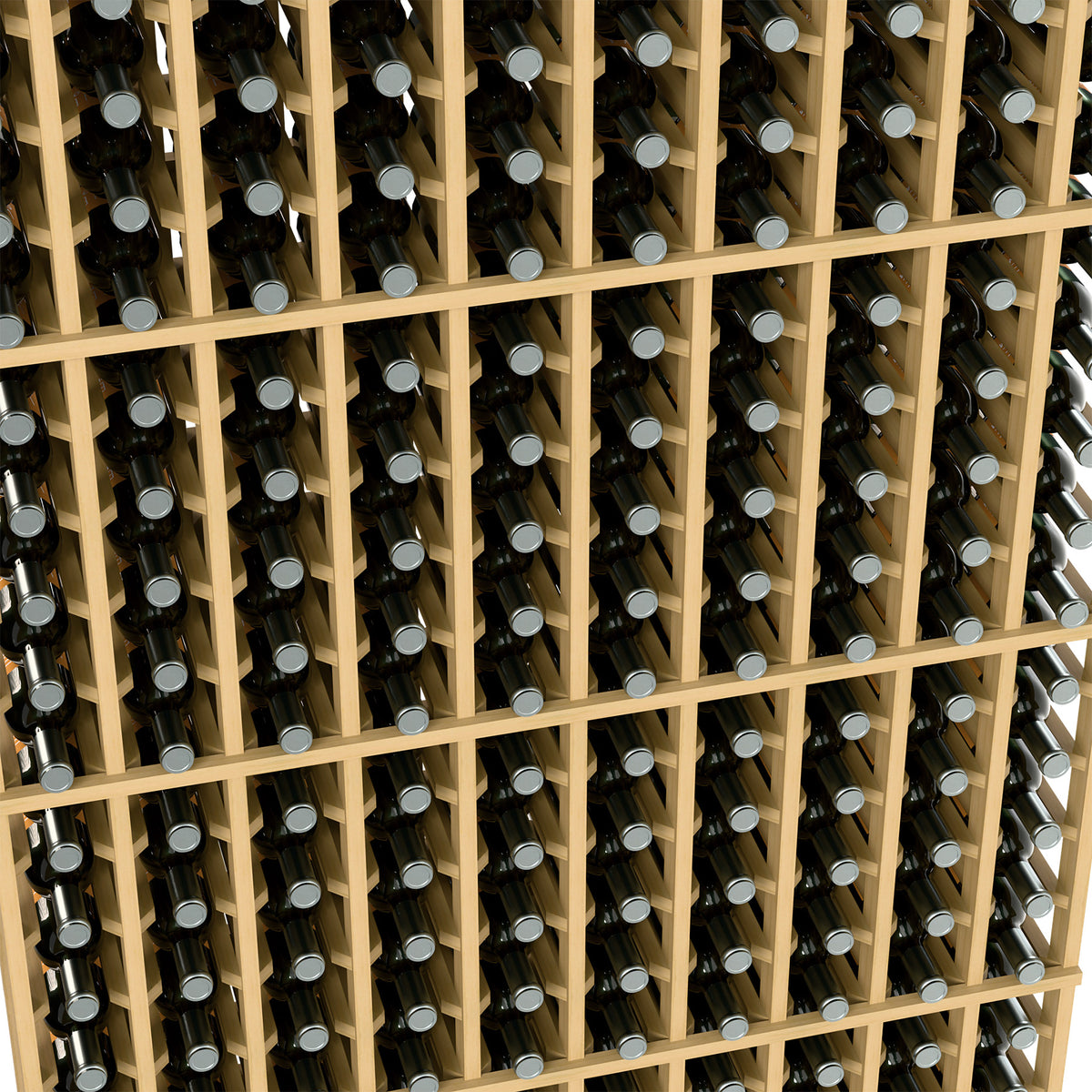 Warm light wood wine bottle rack close-up, black bottles in 10-column compartments