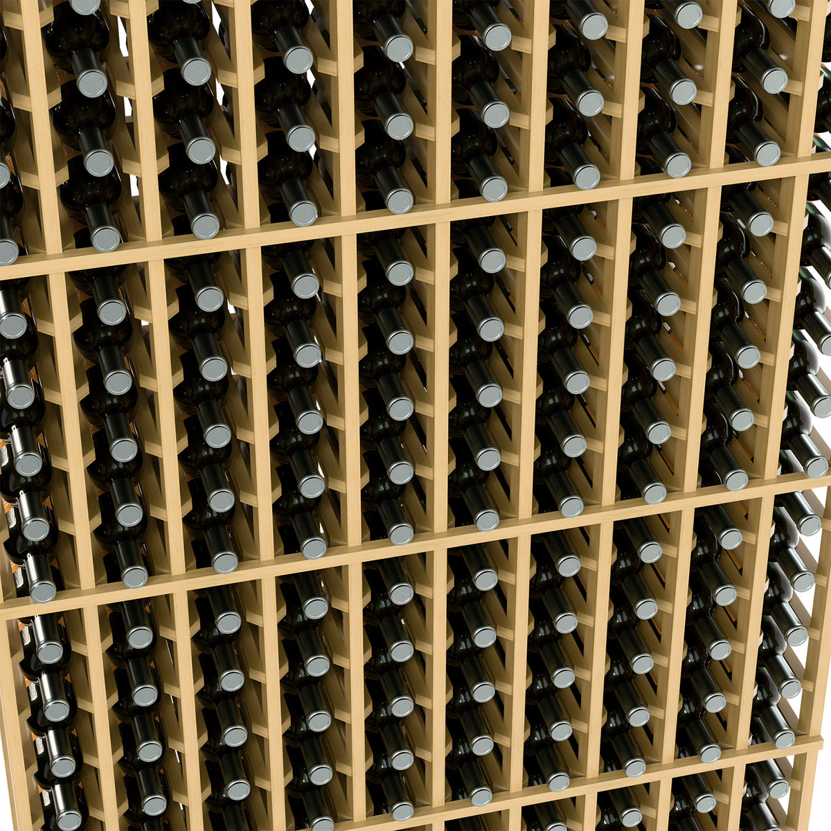 Warm light wood wine bottle rack close-up, black bottles in 10-column grid