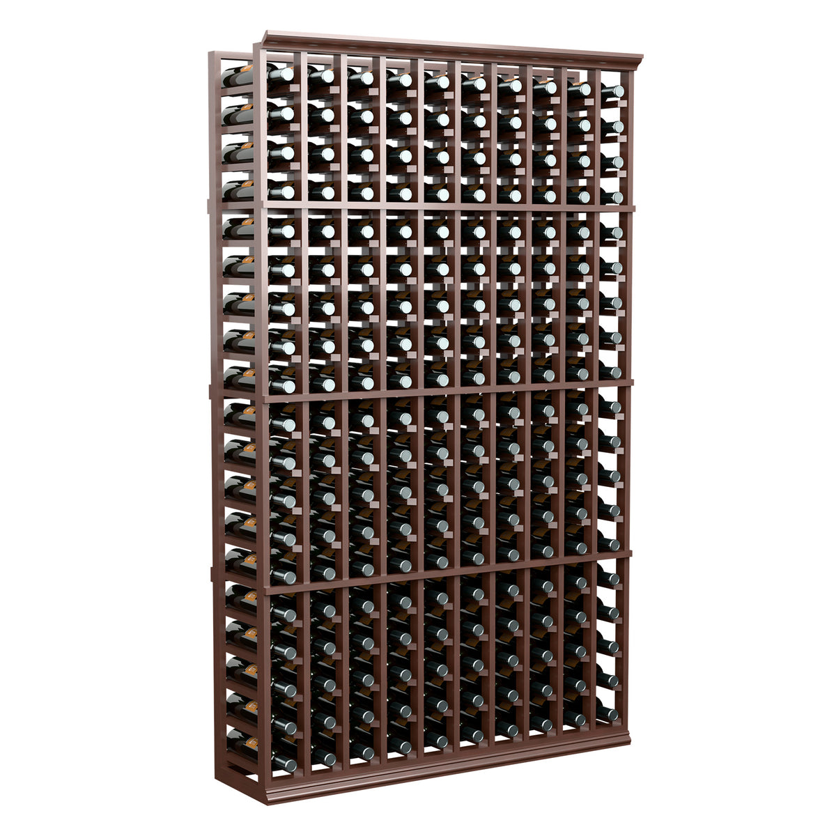 Dark brown 10-column wine bottle rack with angled bottle storage grid