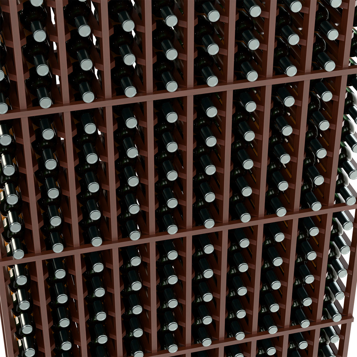 Close-up of dark brown 10-column wine rack holding bottles in square cells