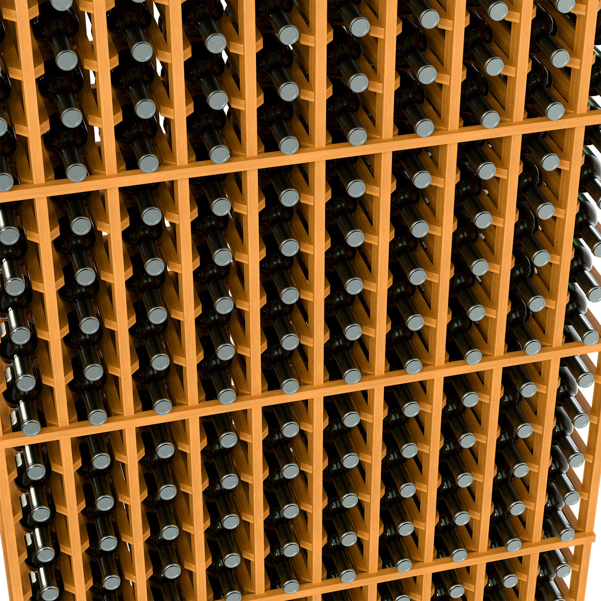 Close-up of light tan 10-column wine rack holding bottles in square cells