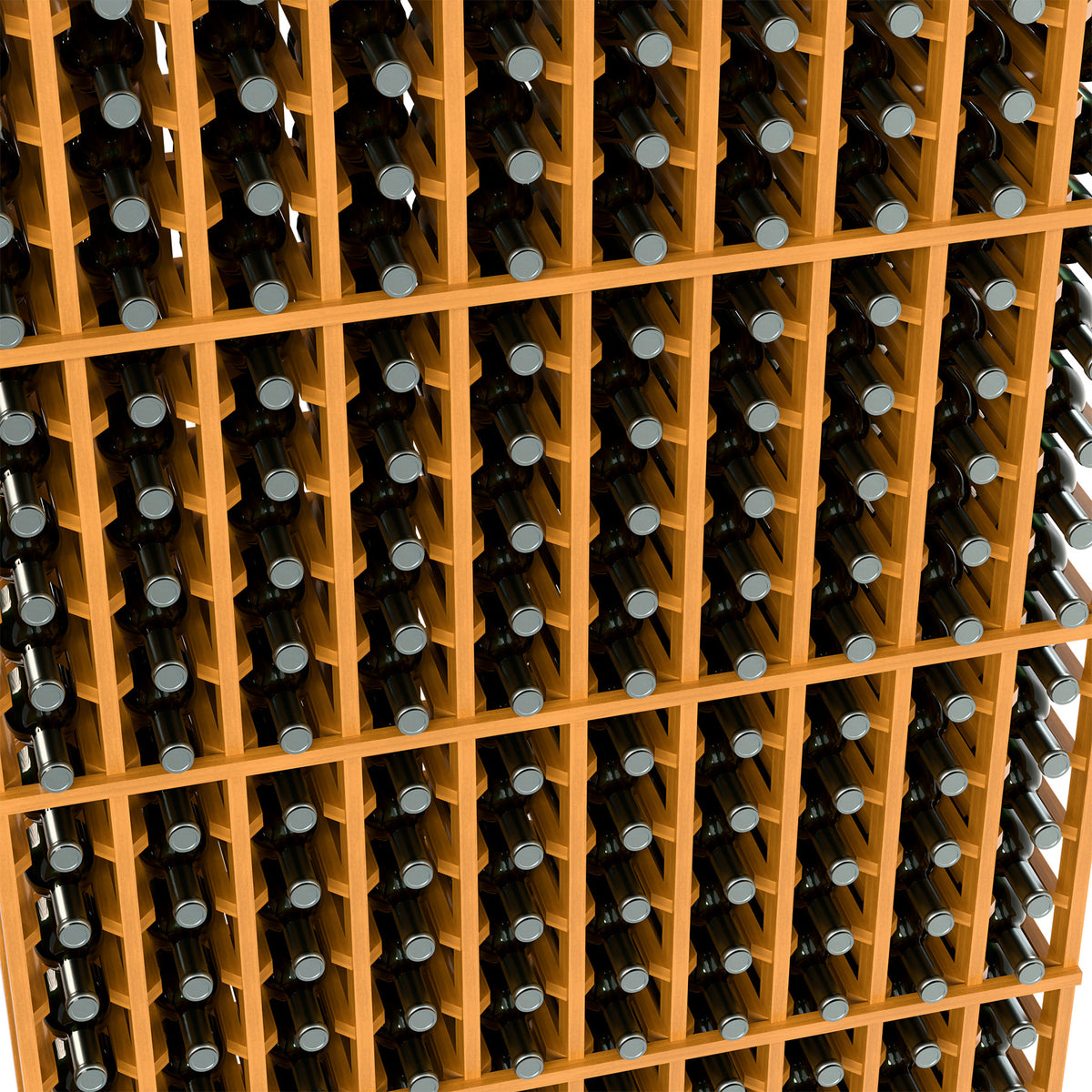 Close-up of medium wood 10-column wine rack holding bottles in square cells