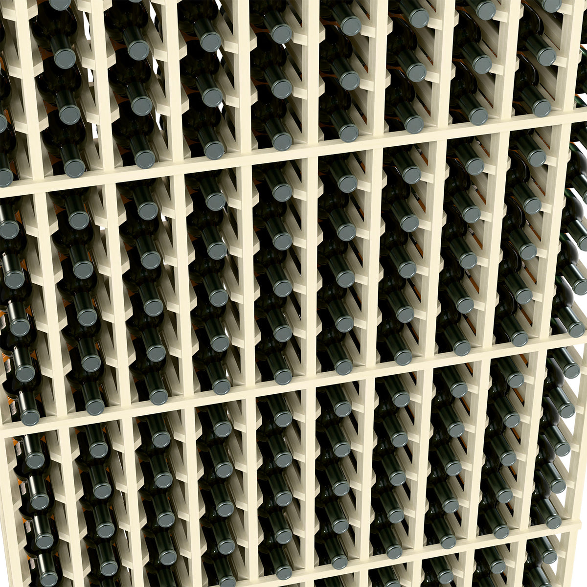 Close-up of white 10-column wine rack holding bottles in square cells
