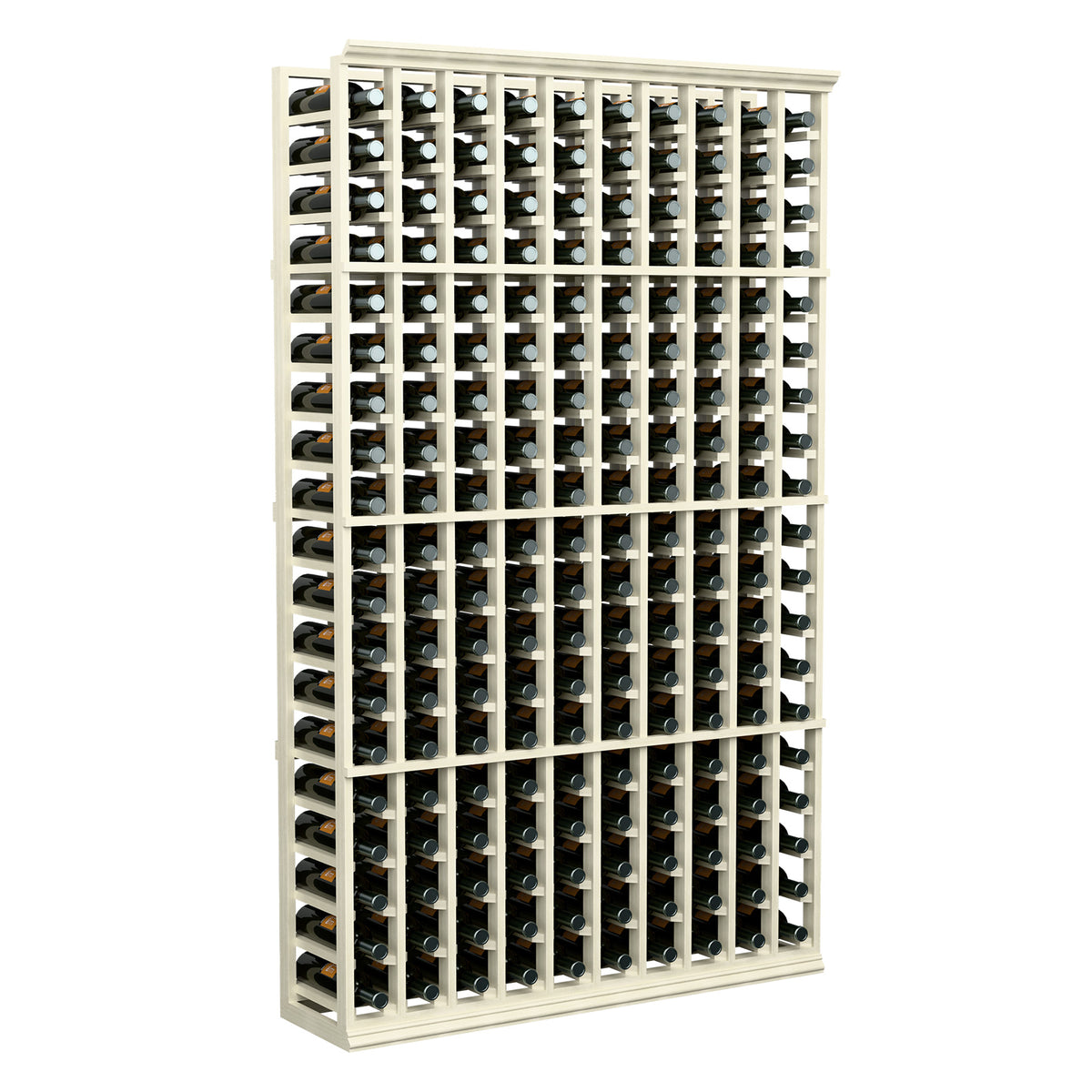 White 10-column wine bottle rack with angled bottle storage grid