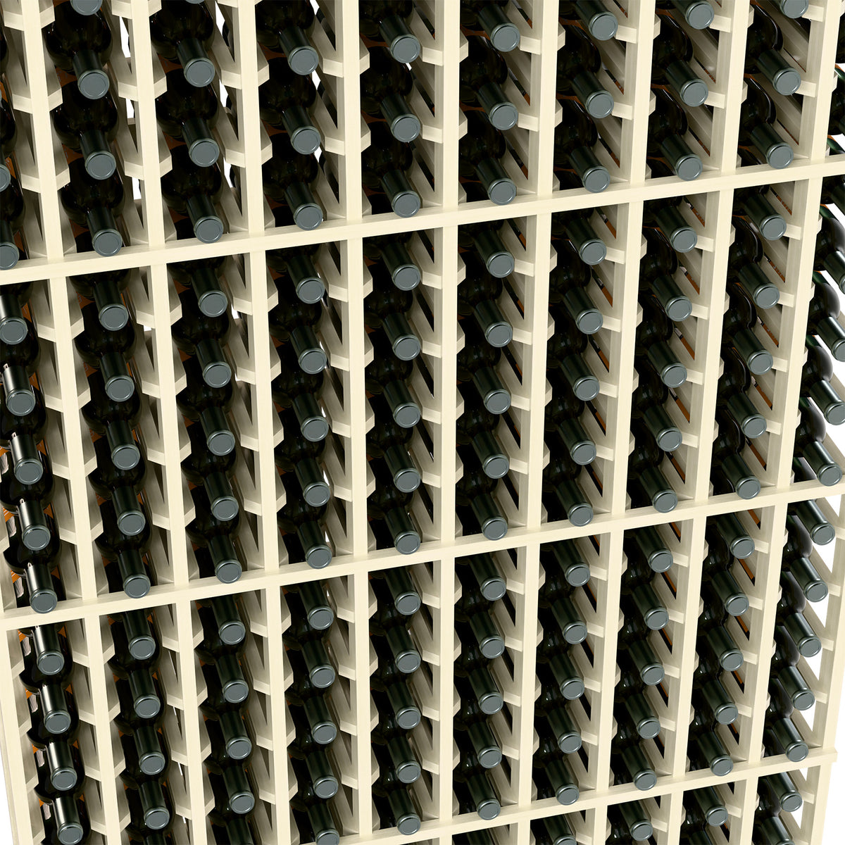 Close-up of white 10-column wine rack holding bottles in square cells