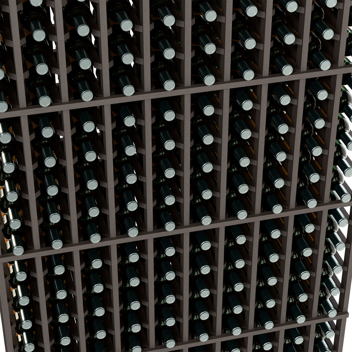 Black wine bottle rack with multiple bottle slots, close-up view of stored bottles
