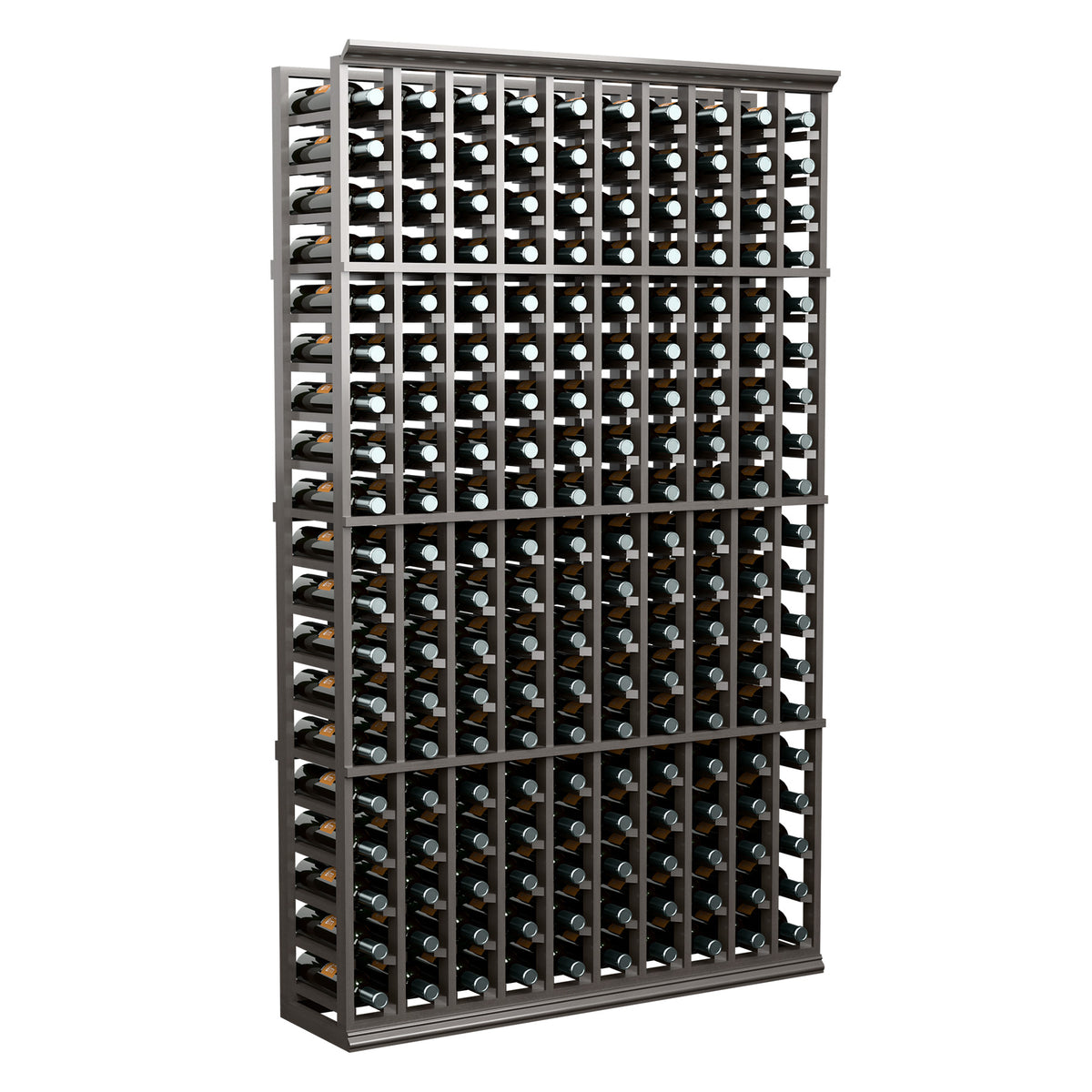 10-column wine bottle rack with black frame, tall front display of bottles