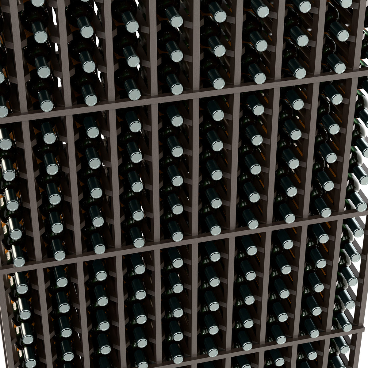 Black wine bottle rack, close-up of grid holding bottles in rows