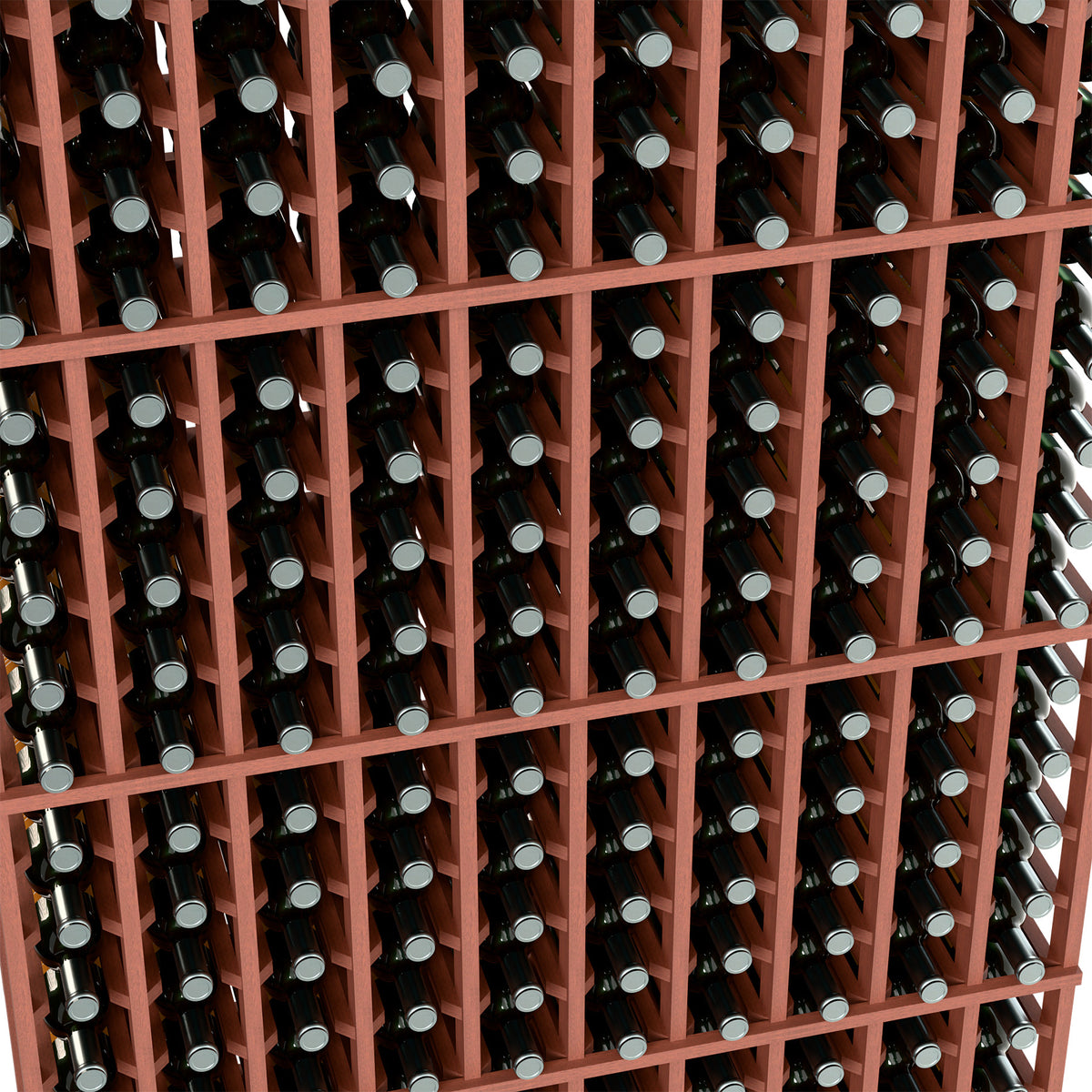 Reddish wood wine bottle rack with many bottle slots, close-up view