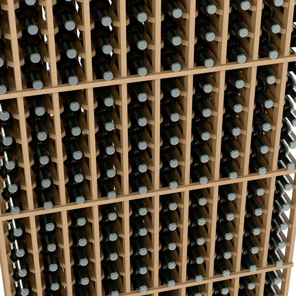 Light wood wine bottle rack with multiple bottle slots, close-up grid view