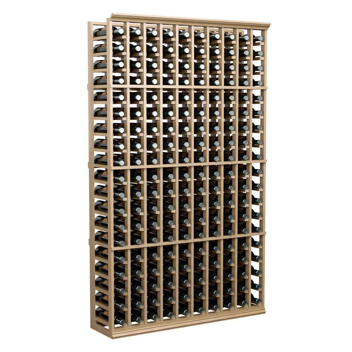 Wood wine bottle rack with 10 rows and back frame holding bottles upright
